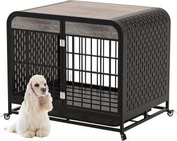 Heavy Duty Dog Crate - Wooden Dog Cage Furniture with Tabletop for Small Medium Large Dogs - Decor Pet House Kennel with Removab (Color: Grey)
